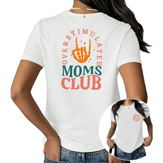 UNISHE Women's Overstimulated Moms Club Funny Mom Life Graphic Short Sleeve T-Shirt Casual Cotton Crewneck Top