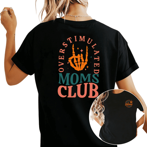 UNISHE Women's "Overstimulated Moms Club" Skeleton Hand Graphic Short Sleeve T-Shirt Casual Cotton Crewneck Top