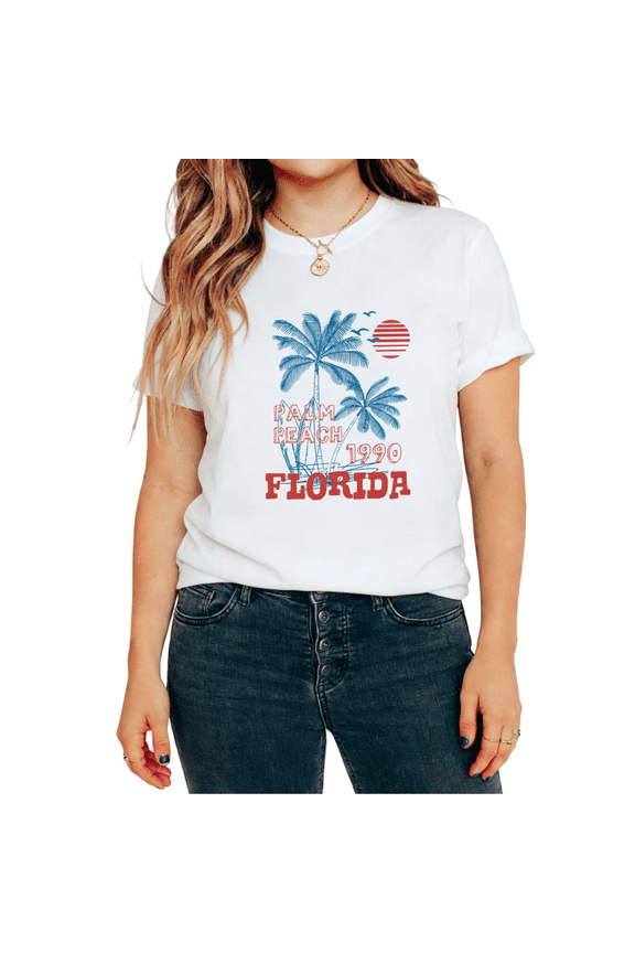 Women's Palm Beach Florida 1990 Retro Palm Tree Summer Graphic Tops Short Sleeve T-Shirt Trendy Casual