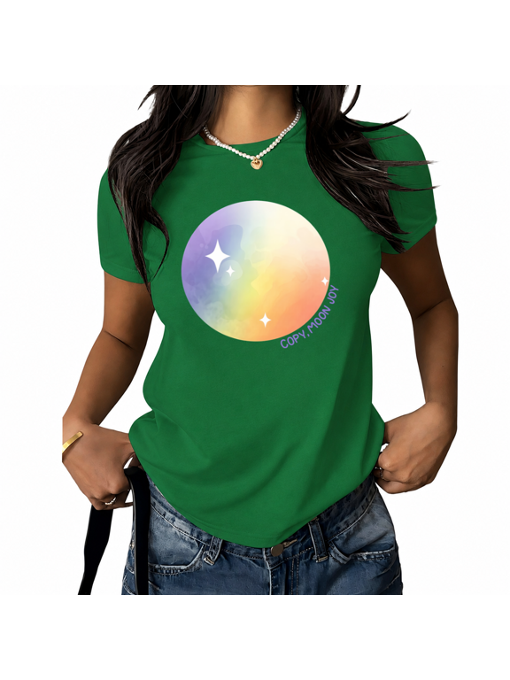 Women's Pastel Gradient Moon Graphic Tee - Colorful Rainbow Celestial Art Print, Cute Summer Casual Short Sleeve Round Neck Top for Dreamers