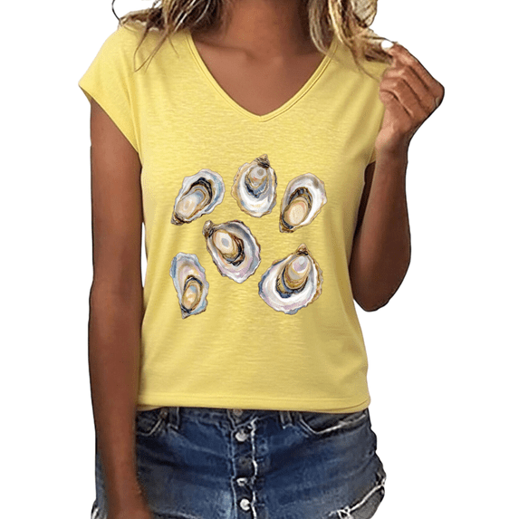 UNISHE Women's Pastel Watercolor Oyster Shell Cluster Graphic V-Neck Sleeveless T-Shirt Beach Coastal Casual Tank Top