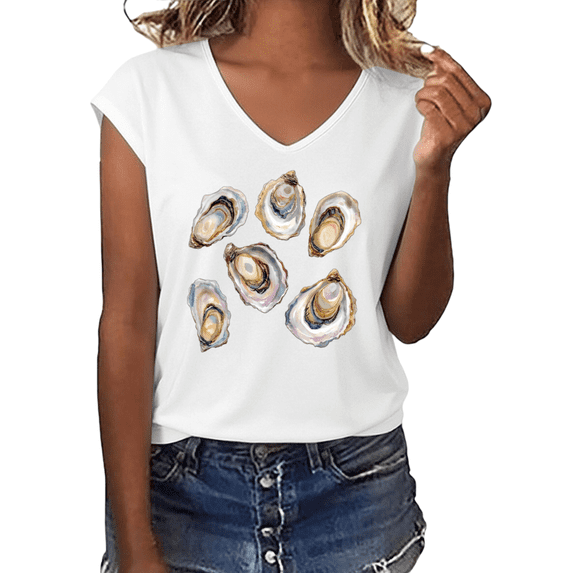 UNISHE Women's Pastel Watercolor Oyster Shell Cluster Graphic V-Neck Sleeveless T-Shirt Beach Coastal Casual Tank Top