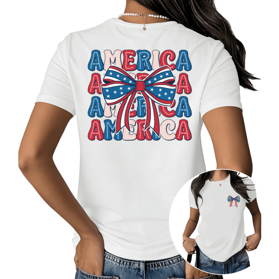 UNISHE Women's Patriotic America Back Print Bow Graphic Short Sleeve T-Shirt Cotton Crewneck Casual Oversized Fit Tops