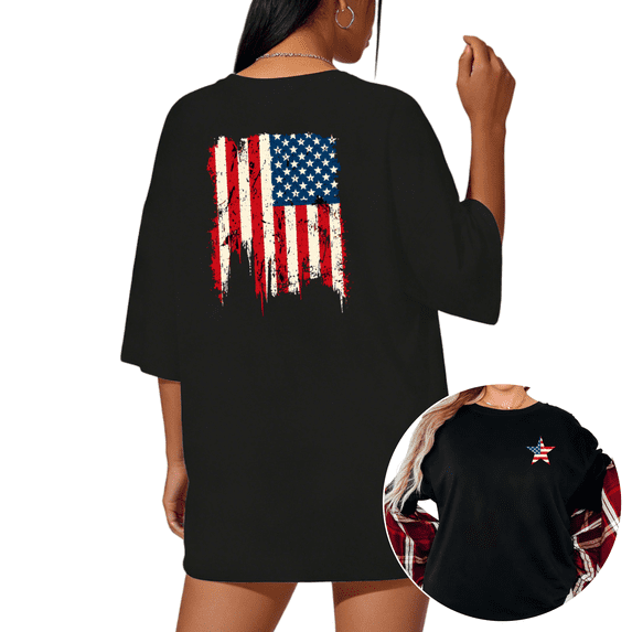 UNISHE Women's Patriotic Distressed Flag Print Short Sleeve T-Shirt Black S-5XL Casual Crewneck Top