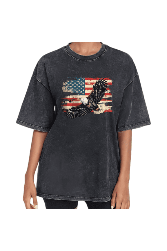 Women's Patriotic Eagle Flag Graphic Vintage Washed T-Shirt Print Tshirt Graphic Tees Shirts Short Sleeve Crew Neck Loose Fit Americana Style Casual Tops
