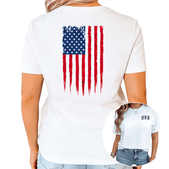 UNISHE Women's Patriotic USA Distressed Flag Back Print USA Pocket Graphic White Short Sleeve T-Shirt Casual Crewneck Tee