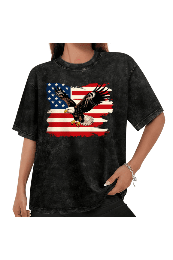 Women's Patriotic USA Flag Bald Eagle Graphic Vintage Washed T-Shirt Short Sleeve Black S-2XL
