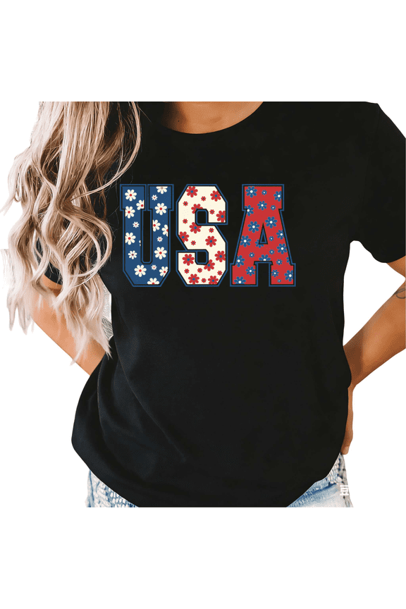 Women's Patriotic USA Floral Print Short Sleeve T-Shirt Black S-5XL Fashion Oversized Top