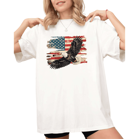 UNISHE Women's Patriotic Vintage Flag Eagle Print Short Sleeve T-Shirt White S-5XL Casual Crewneck Top