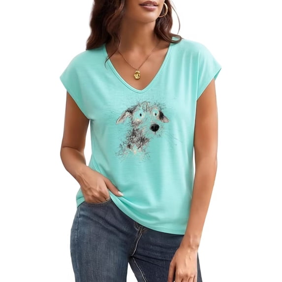 UNISHE Women's Pet Lover Abstract Dog Sketch Graphic V Neck Short Sleeve T-Shirt Casual Summer Tees Tops