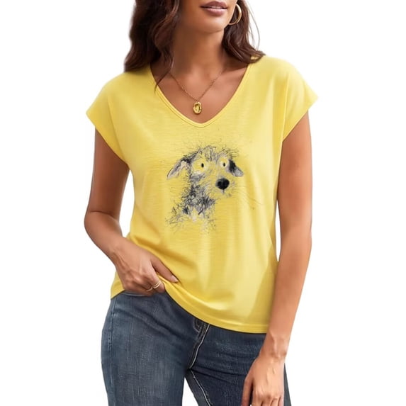 UNISHE Women's Pet Lover Abstract Dog Sketch Graphic V Neck Short Sleeve T-Shirt Casual Summer Tees Tops