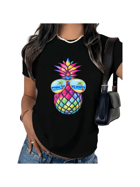 Women's Pineapple Sunglasses Graphic Tee Summer Beach Vacation Rainbow Fruit Print Short Sleeve T-Shirt