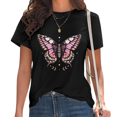 thumbnail image 1 of UNISHE Women's Pink Butterfly Floral Accent Casual Crew Neck Short Sleeve T-Shirt Top, 1 of 5