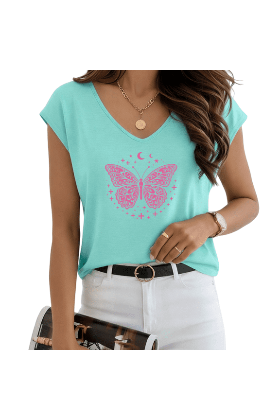 Women's Pink Celestial Butterfly Print Blue V-Neck Sleeveless T-Shirt S-5XL Daily Tank Top