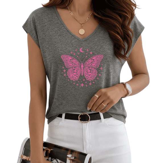 UNISHE Women's Pink Celestial Butterfly Print Dark Gray V-Neck Sleeveless T-Shirt S-5XL Daily Tank Top