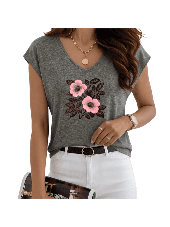 Women's Pink Floral Block Print Dark Gray V-Neck Sleeveless T-Shirt Casual Tank S-5XL Top