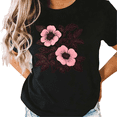 thumbnail image 1 of UNISHE Women's Pink Floral Botanical Graphic Black Short Sleeve T-Shirt Casual Crewneck S-5XL Top, 1 of 5