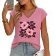 thumbnail image 1 of UNISHE Women's Pink Floral with Black Leaves Art Print V-Neck Sleeveless T-Shirt Casual Breathable Summer Tank Top, 1 of 6