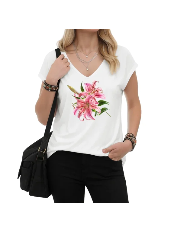 Women's Pink Lily Bloom V-Neck Sleeveless Tee Breathable Everyday Casual Blouse