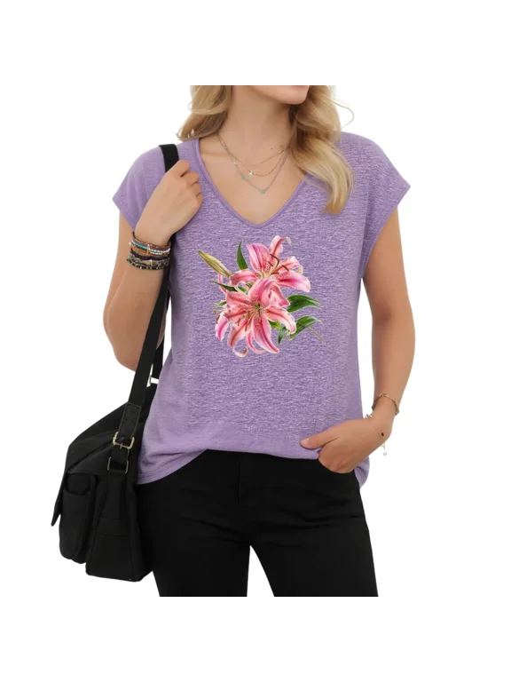 Women's Pink Lily Print V-Neck Sleeveless Tee Breathable Everyday Blouse