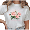 thumbnail image 1 of UNISHE Women's Pink Peony Club I'm Gonna Keep On Blooming Floral Graphic Short Sleeve T-Shirt Casual Crewneck Top, 1 of 5