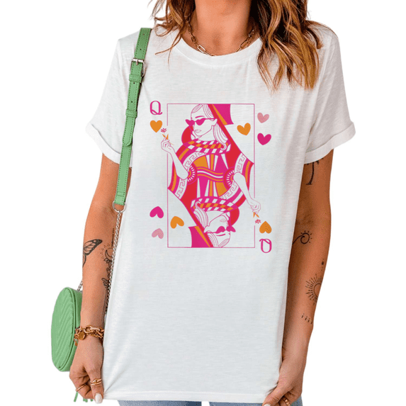 UNISHE Women's Pink and Orange Queen of Hearts Playing Card Graphic Crew Neck Short Sleeve T-Shirt