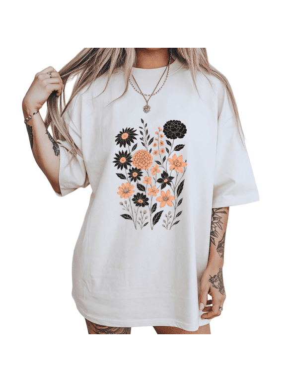 Women's Plant Lover Vintage Peach Black Floral Vertical Print Graphic Short-Sleeve T-Shirt White Size S-5XL Crewneck Tops