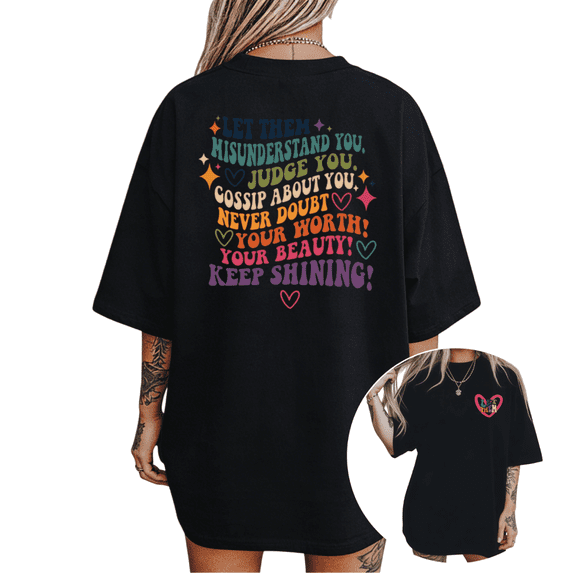 UNISHE Women's Positive "Never Doubt Your Worth" Colorful Retro Graphic Short Sleeve T-Shirt Casual Cotton Crewneck Top