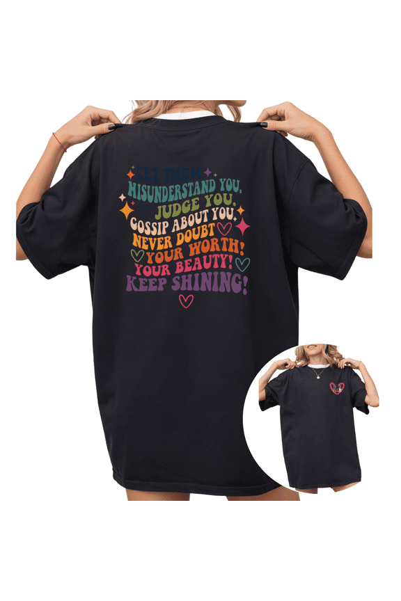 Women's Positive "Never Doubt Your Worth" Colorful Retro Graphic Short Sleeve T-Shirt Casual Cotton Crewneck Top