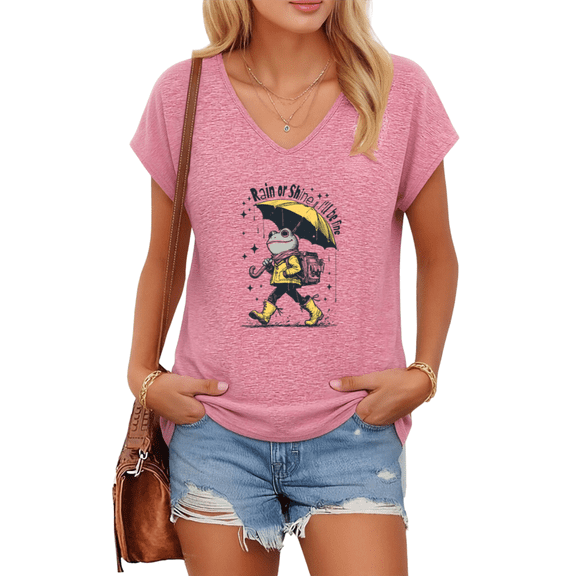 UNISHE Women's Positive Weather Quote Rain Gear Toad Print V-Neck Short Sleeve T-Shirts Suburban Rainy Weekend Market Casual Style Rose Red S-5XL Tops