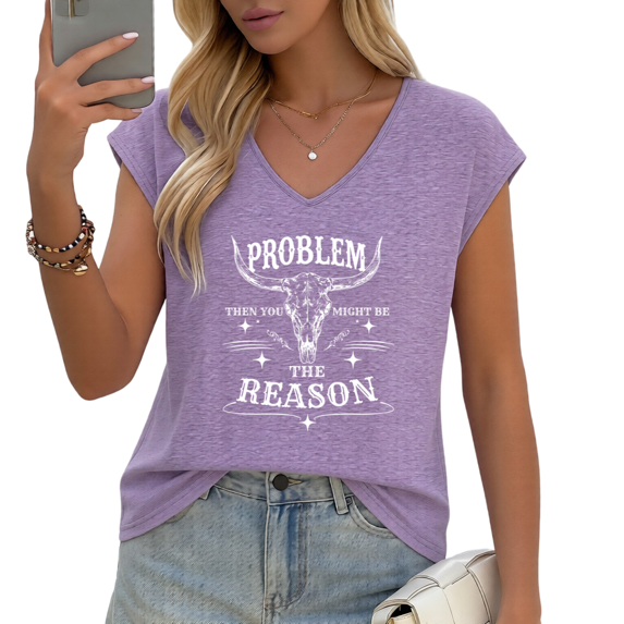 UNISHE Women's Problem The Reason Western Bull Skull V-Neck Sleeveless T-Shirt Casual Summer Tank Top