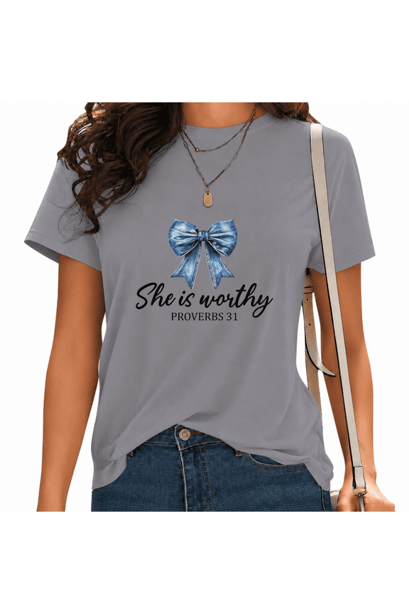Women's Proverbs 31 Graphic T-Shirt Cute Blue Denim Bow Faith Tee Casual Tops for Daily Outfit Grey, S