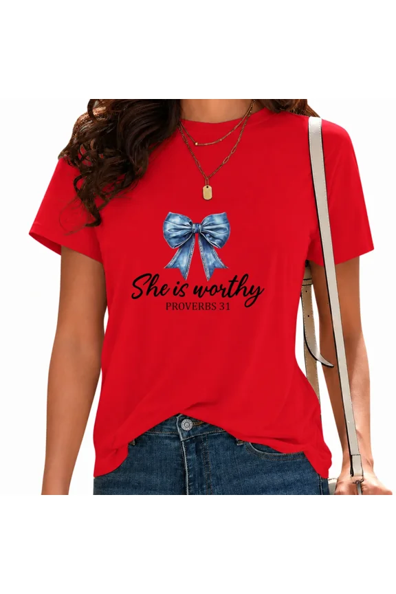 Women's Proverbs 31 Graphic T-Shirt Cute Blue Denim Bow Faith Tee Casual Tops for Daily Outfit Red, 3XL