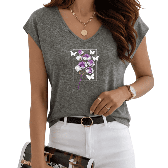 UNISHE Women's Purple White Rose Butterfly Dark Gray V-Neck Sleeveless T-Shirt S-5XL Stylish Daily Tank Top