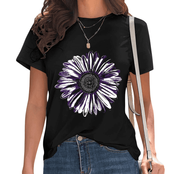 UNISHE Women's Purple and White Daisy Mandala Floral Casual Crew Neck Short Sleeve T-Shirt Top