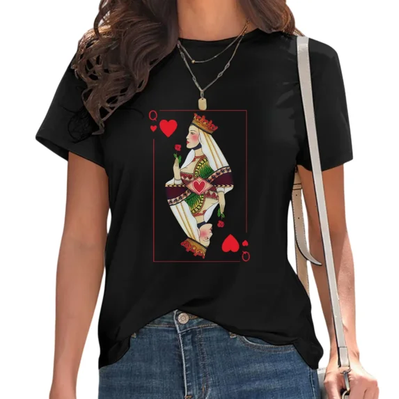 UNISHE Women's Queen of Hearts Graphic T-Shirt Retro Playing Card Casual Tee for Daily Outfit Black, S