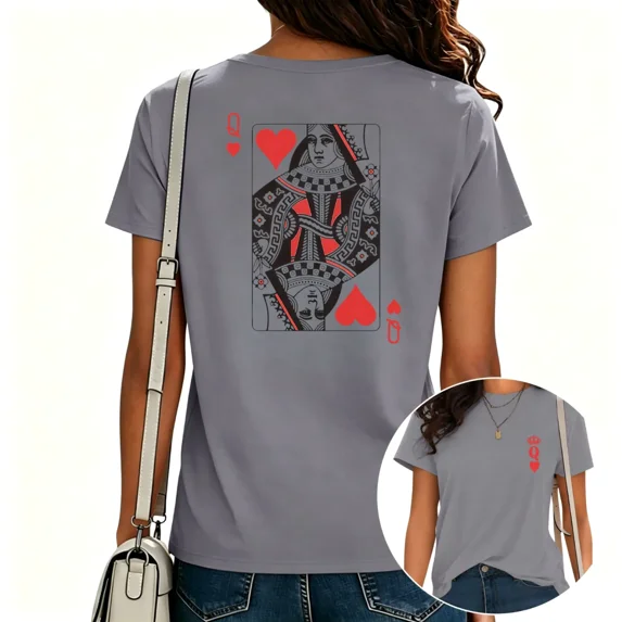 UNISHE Women's Queen of Hearts Graphic T-Shirt Trendy Retro Playing Card Fashion Tee Casual Tops Grey, S