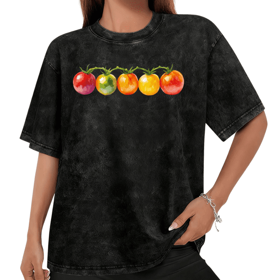 UNISHE Women's Rainbow Gradient Vine Cherry Tomato Graphic Vintage Washed T-Shirt Short Sleeve Distressed Relaxed Fit Tee