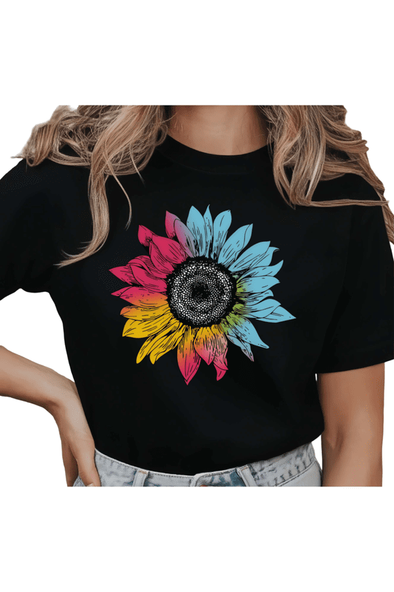 Women's Rainbow Tie-Dye Sunflower Graphic Short Sleeve T-Shirt Comfortable Cotton Crewneck Top