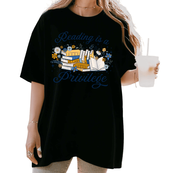 UNISHE Women's Reading Is A Privilege Stack Book Daisy Floral Vintage Script Graphic Short Sleeve T-shirt Relaxed Fit