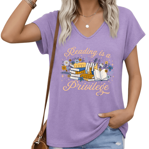 UNISHE Women's Reading Is A Privilege V-Neck Short Sleeve T-Shirt Book Lover Floral Graphic Tee S-5XL Purple