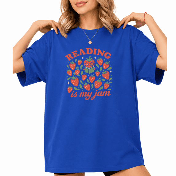 UNISHE Women's Reading Is My Jam Cute Cartoon Strawberry Book Lover Graphic Short Sleeve T-shirt Relaxed Fit