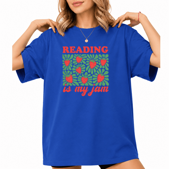UNISHE Women's Reading Is My Jam Retro Square Strawberry Leaf Block Print Graphic Short Sleeve T-shirt Relaxed Fit