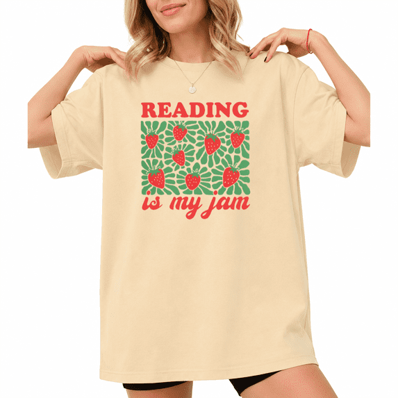 UNISHE Women's Reading Is My Jam Retro Square Strawberry Leaf Block Print Graphic Short Sleeve T-shirt Relaxed Fit