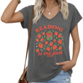 thumbnail image 1 of UNISHE Women's Reading Is My Jam V-Neck Short Sleeve T-Shirt Cute Strawberry Book Lover Graphic Tee S-5XL Dark Gray, 1 of 6