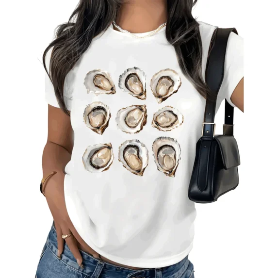 UNISHE Women's Realistic Oyster Seafood Graphic Short Sleeve T-Shirt Casual Crewneck Loose Fit Tees S-5XL