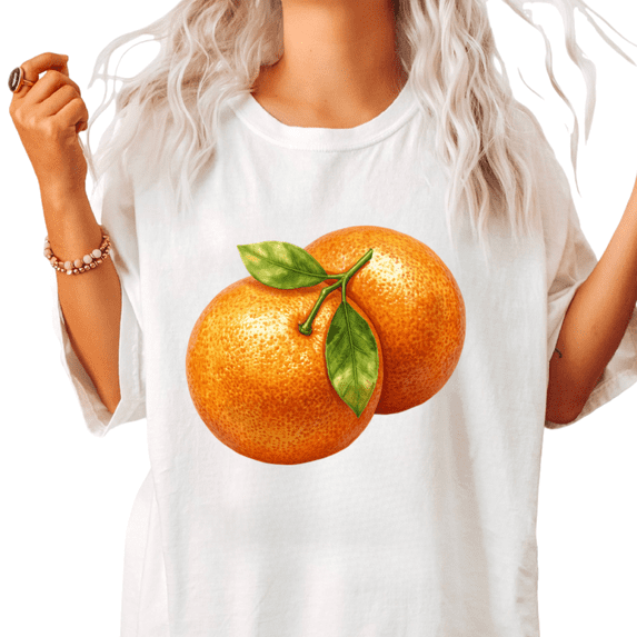 UNISHE Women's Realistic Two Fresh Orange With Green Leaves Graphic Short Sleeve T-Shirt S-5XL White Tops