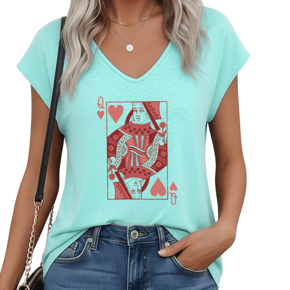 UNISHE Women's Red Card Graphic V-Neck Short Sleeve T-Shirt White Retro Game Aesthetic Top