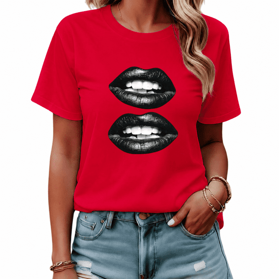 UNISHE Women's Red Double Lips Graphic Short Sleeve T-Shirt Casual Top