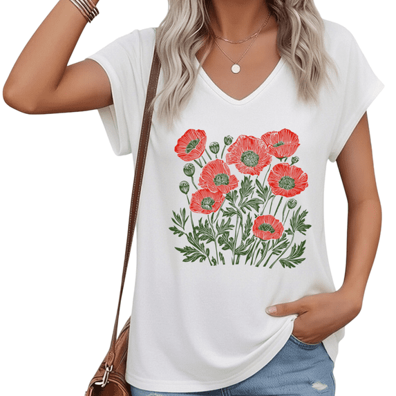 UNISHE Women's Red Floral Poppy Flower V-Neck T-Shirt Botanical Nature Graphic Soft Cotton Casual Loose Short Sleeve Top S-5XL